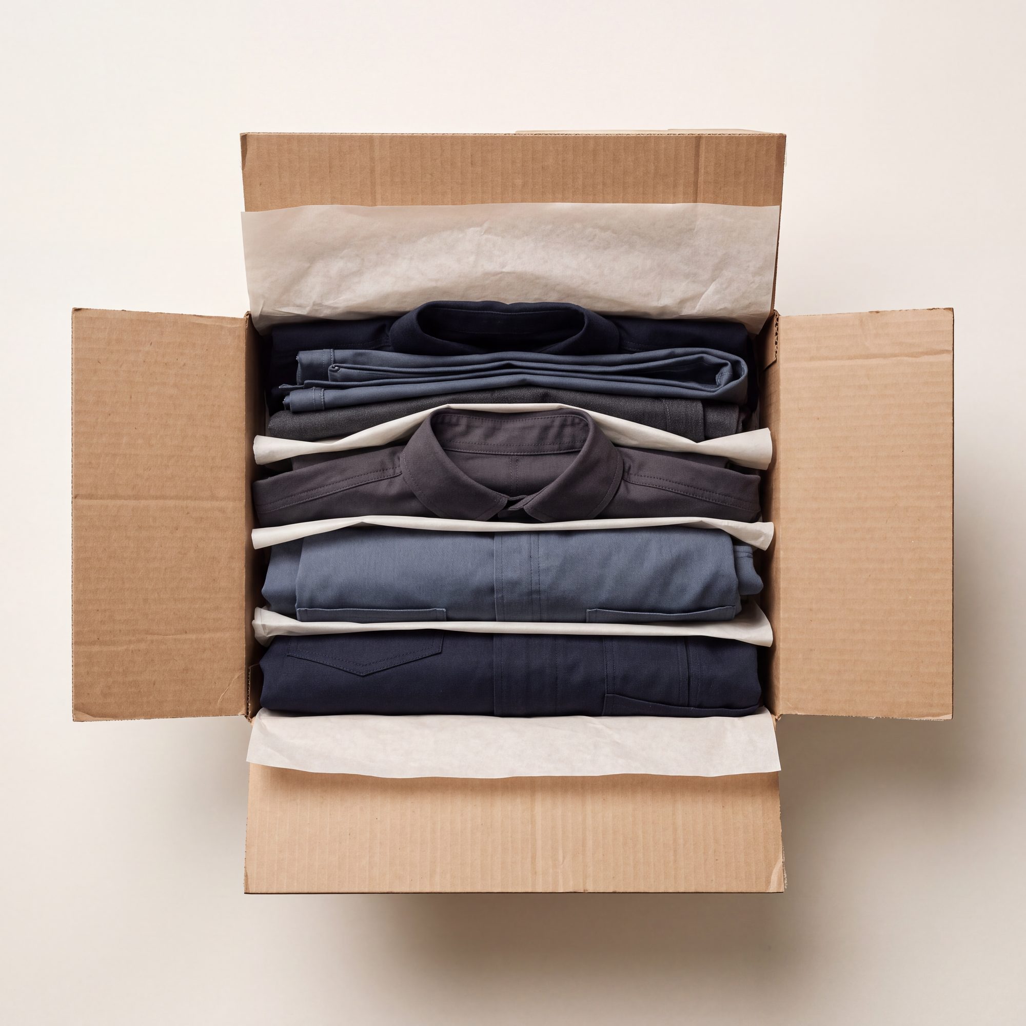 An open shipping box of neatly folded uniforms separated by tissue
