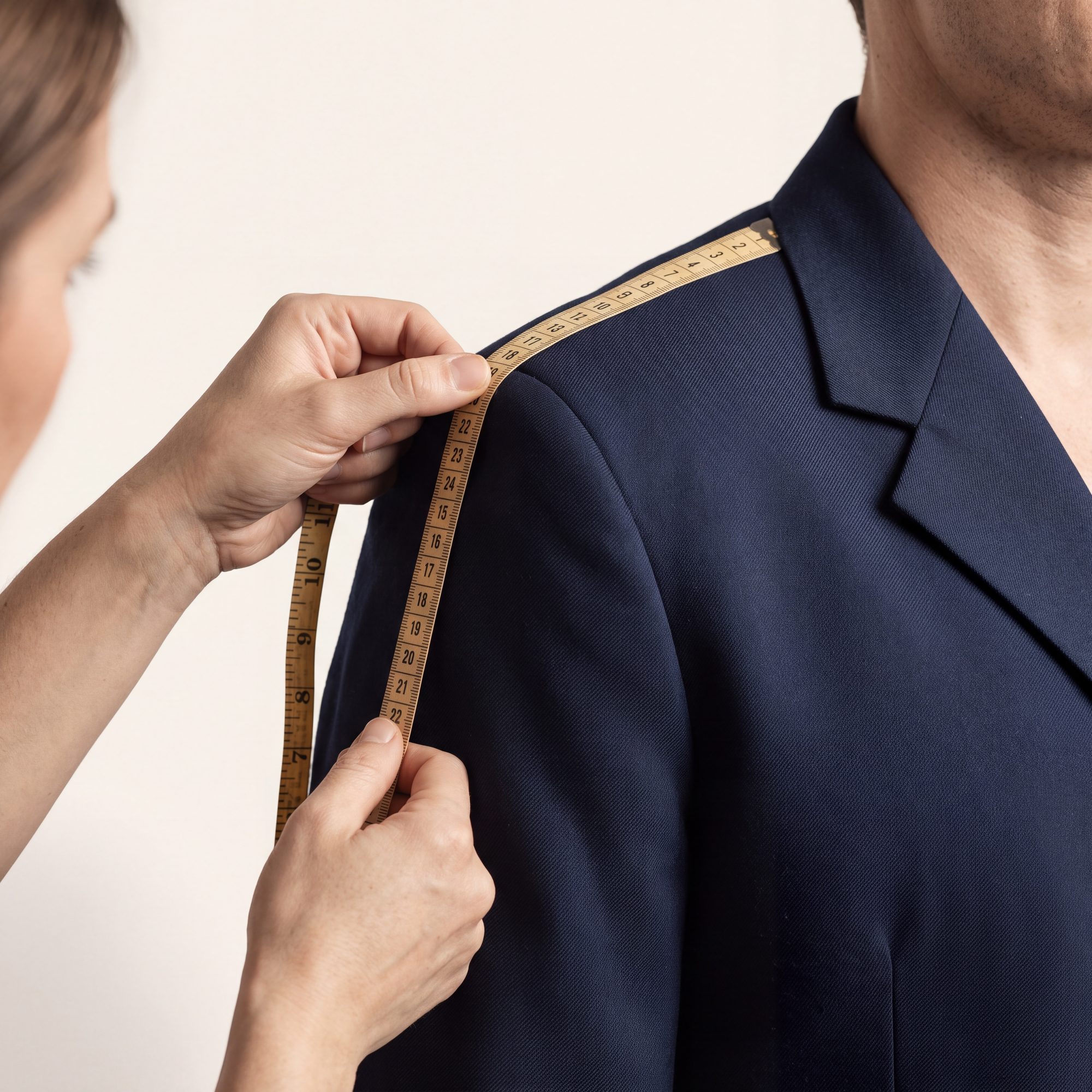 A tailor measuring a jacket shoulder with a cloth tape